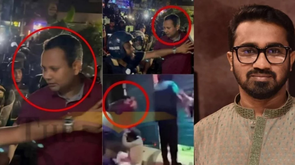 লাল রঙের পোশাক পরিহিত সেই ব্যক্তির পরিচয় জানালেন রাশেদ খাঁন