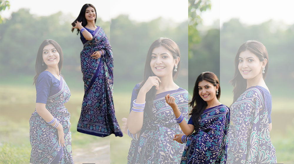 নীল শাড়িতে সাদনিমা নোমান